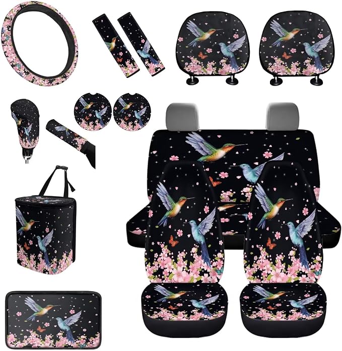 BIGCARJOB 15 Pcs Car Interior Sets for Women Car Seat Protector Vehicle Bucket Seat Cover Full Set 1Hummingbird Cherry Floral Print Trash Can Car Seat Headrest Pillow Cover Seat Belt Pads