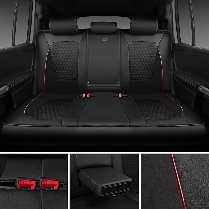 CAR PASS Leather Car Seat Covers Gel Wetsuit PU Full Set Seat Covers Waterproof EVA All Weather Neoprene Universal Fit Pickup SUV Truck Sedan Automotive, Armrest Airbag Compatible, Rhombic Red Strip
