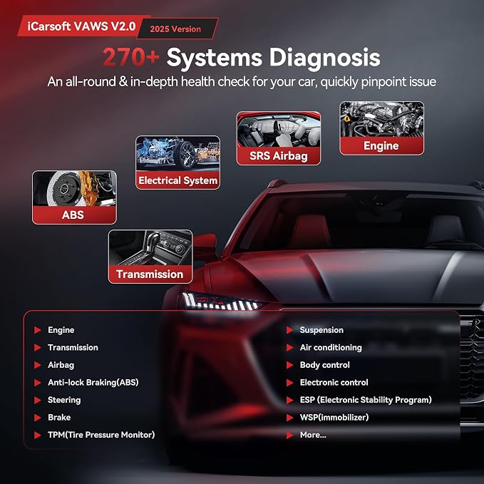 iCarsoft VAWS V2.0 2026 Ver All System Diagnostic Tool for VW Audi Bentley Bugatti Seat Man LD Skoda Etc 9 Services Live Data Battery Test OBD2 Scanner Lifetime Free Update Check Engine Code Reader