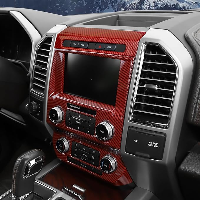 CheroCar Red Carbon Fiber Central Control Navigation & Emergency Light Control Panel Trim Cover Kit Fit for Ford F150 2015-2020 Hazard Light Switch & GPS Screen Surround Decorative Bezels