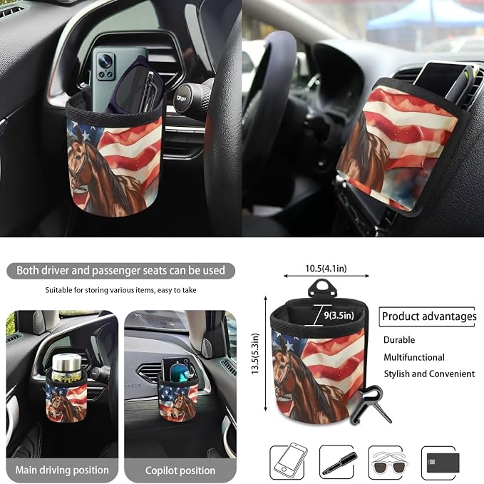 Horse American Flag Pattern Car Seat Covers Full Set, Car Interior Decor Set of 10 Steering Wheel Cover Cup Coasters Car Trash Can Air Vent Pounch Bag Keychain Universal Fit for SUV Truck Van