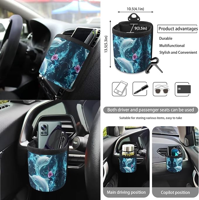 Flower Dolphin Car Seat Cover Full Set 15 PCS, with Steering Wheel Cover Seat Belt Pad Garbage Bag Air Vent Bag Rearview Mirror Cover Coaster Key Chain Universal Fit for SUV