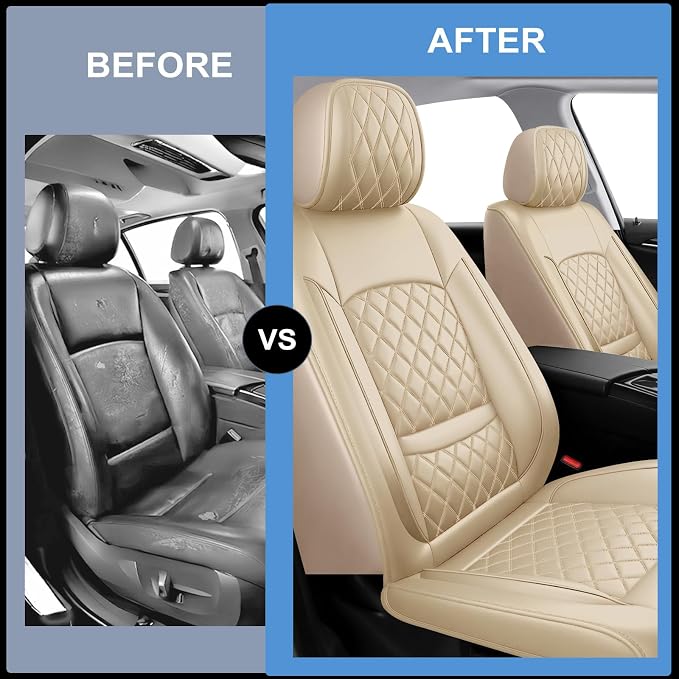 Fit Ranger Car Seat Covers for Ford Ranger 2007-2025 2026 - Luxury Leather, Anti-Slip, All-Weather, Waterproof & Breathable, Airbag Compatible, 2 Front Seats Only (Beige)