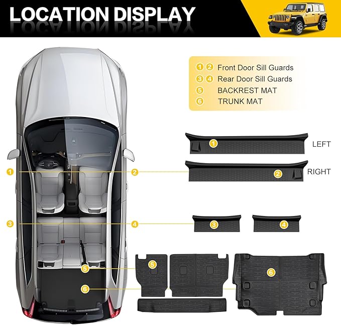 Cargo Mats with Door Sill Guards for 2021-2025 Jeep Wrangler JL Unlimited 4XE Accessories All Weather Rear Seat Back Cover Trunk Liner Door Sill Protector for JL JLU 4XE 4 Door(Not for 4X4)