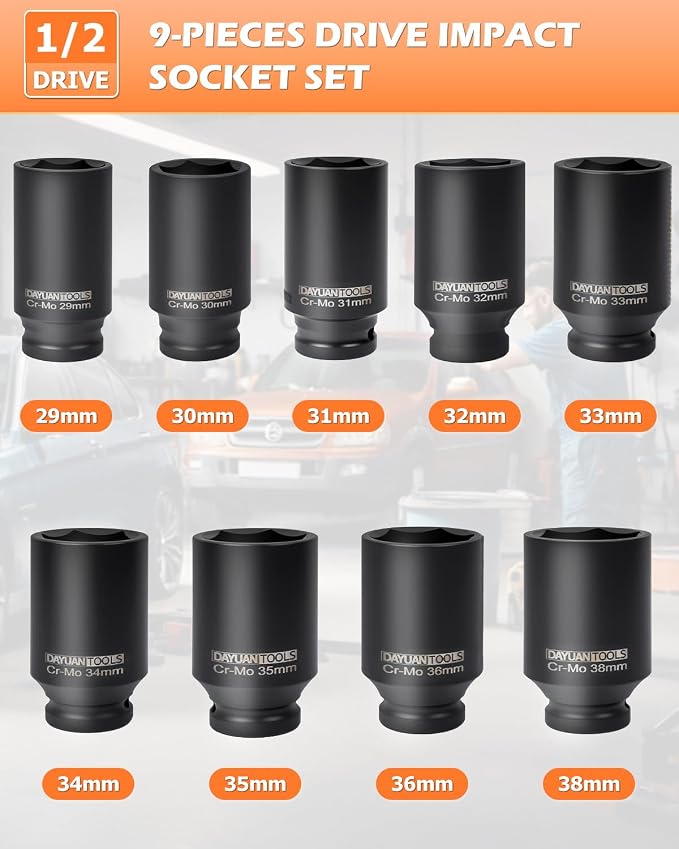 DAYUAN 9 pcs Heavy Duty Auto Body Repair Tool Bundle with 9 Pcs Axle Nut Hub Impact 1/2" Drive Socket 29 30 31 32 33 34 35 36 38mm Socket Set
