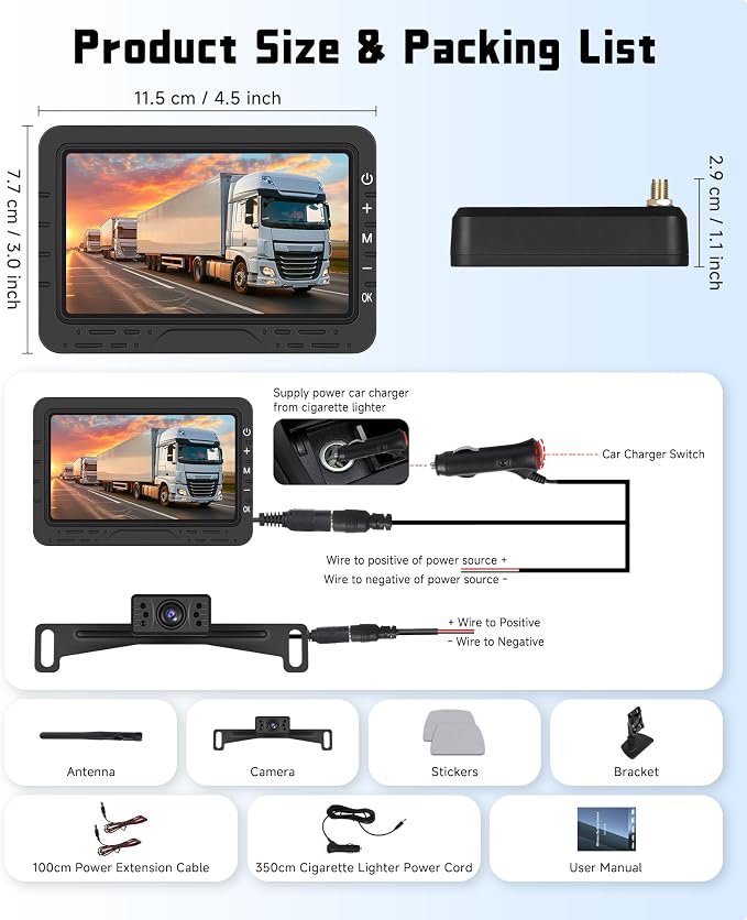 4.3 Inch Wireless Backup Camera for Car- License Plate Reverse Camera, DIY Guide Lines, Night Vision, IP68 Waterproof, Wide Angle, Image Flip, Rear View Camera for Truck Trailer RV Pickup SUV Camper