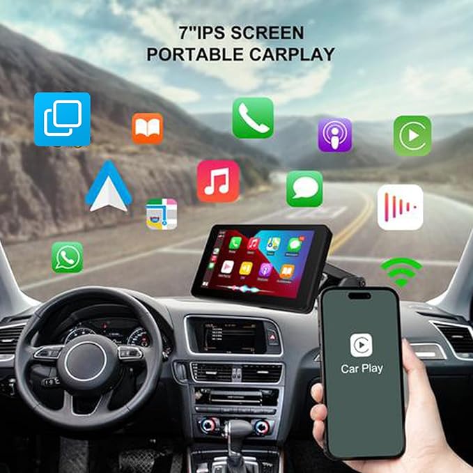 Apple Carplay Screen for Car, 7" HD Portable Car Stereo Touch Screen for Apple Carplay & Android Auto, Audio Receivers with Voice Control, Mirror Link, Bluetooth, Siri, AirPlay,GPS Navigation
