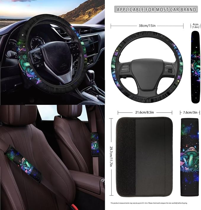 Mushroom Butterfly Galaxy Print Auto Interior Sets of 15, Front Rear Car Seat Covers Steering Wheel Cover Trash Can Seat Belt Pad Mirror Cover Keychain Air Vent Storage Bag Coasters