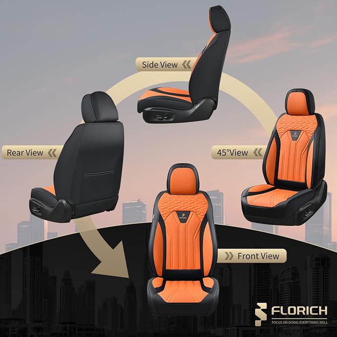 FLORICH Seat Covers for Cars, Waterproof Automotive Seat Covers, Leather Car Seat Covers 2 Pack, Universal Front Seat Cushion Protector for Most Cars Trucks SUV-Black&Orange