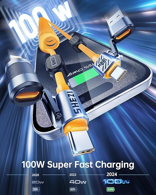 4-in-1 Coiled USB C Cable for Car 5FT [100W Fast Charging] Compatible with Lightning Cable [CarPlay & Android Auto] Multi Charger Cord Combo with L/Type C/USB A Ports for iPhone/iPad (Yellow)