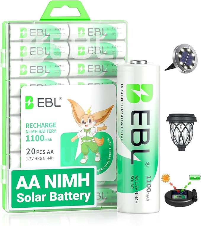 EBL 1100mAh Solar AA Batteries for Outdoor Solar Lights Garden Lights Household Devices, Pre Charged AA Rechargeable Batteries 1.2V High Performance (Pack of 20)
