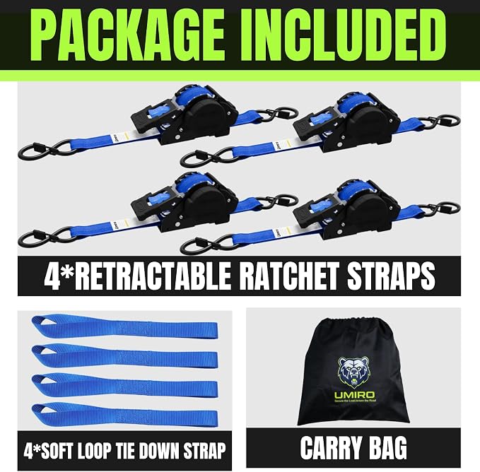 Retractable Ratchet Straps, 4-Pack, 1 Inch x 12 Feet Heavy Duty Tie Downs, 1760lb Break Strength, Self Retracting for Truck, Cargo, Trailer, Motorcycle, ATV, UTV (Blue, 4pack)