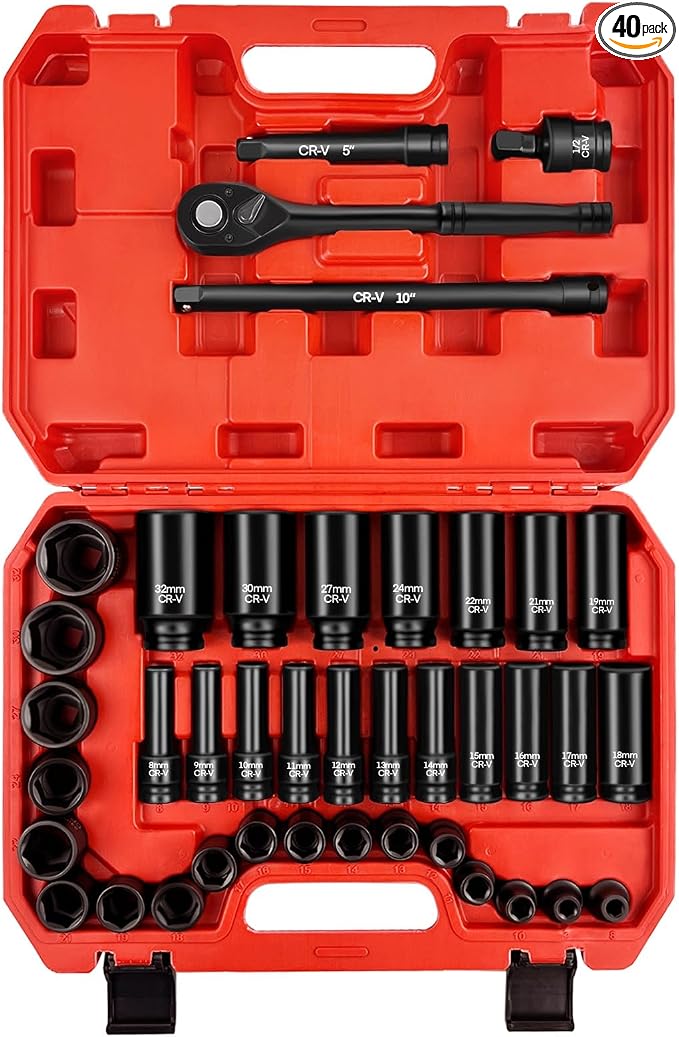 WETT 1/2" Drive Impact Socket Set, 40Pcs Metric Socket Wrench Set (8-32mm), Heavy Duty Standard Sockets Assortment, Deep/Shallow, 1/2-Inch Ratchet Handle, 5", 10" Extension Bar, Universal Joint