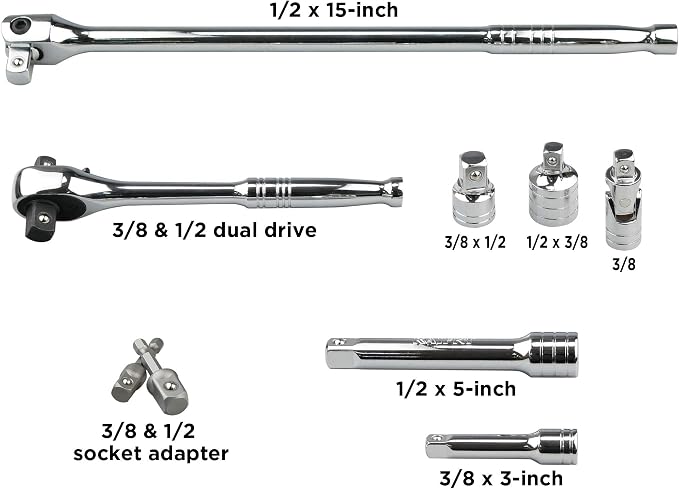K304 Deep Combination Socket Set, 3/8-Inch & 1/2-Inch Drive, SAE/Metric, 45-Piece