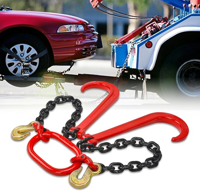 3/8" Grade 80 V-Type Transport Tow Chain w/15 J-Hooks 2Ft Long Shank Legs for Flatbed Truck Tie Trailer Tractor Car Wrecker Tow Chain,7100Lbs Work Load Limit,G80 Steel Towing Bridle,Black+Red