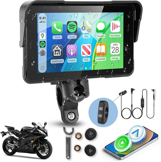 5 Inch Motorcycle CarPlay Screen with TPMS Sensors, Wireless Android Auto, Handlebar Control Power Cable, IP68 Waterproof Portable Motorcycle GPS Display