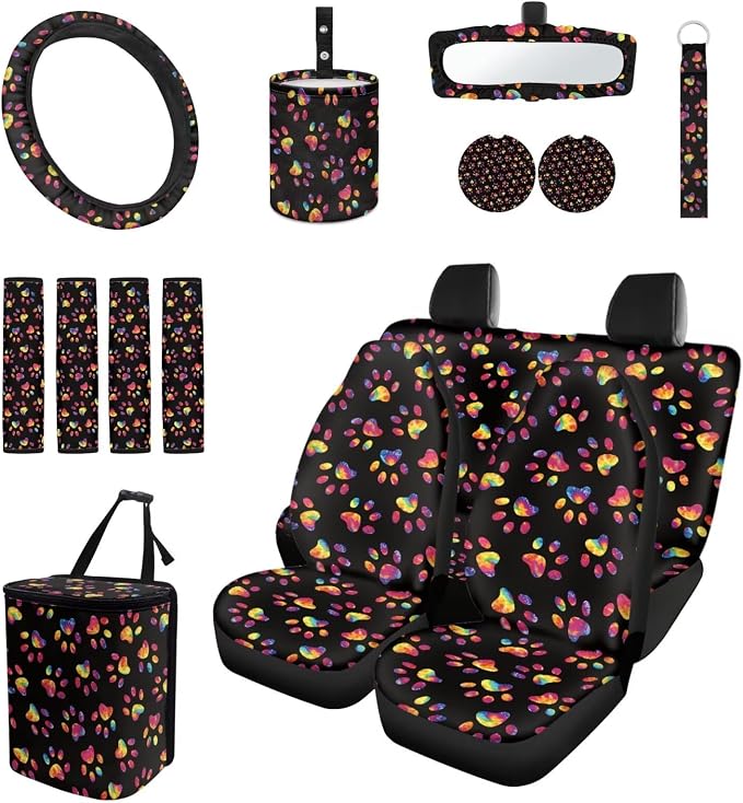 Colorful Dog Paw Car Seat Cover Set for Women, Car Steering Wheel Cover Seat Belt Pads Trash Bin Rearview Mirror Cover Cup Holder Wrist Key Chain, 15 PCS