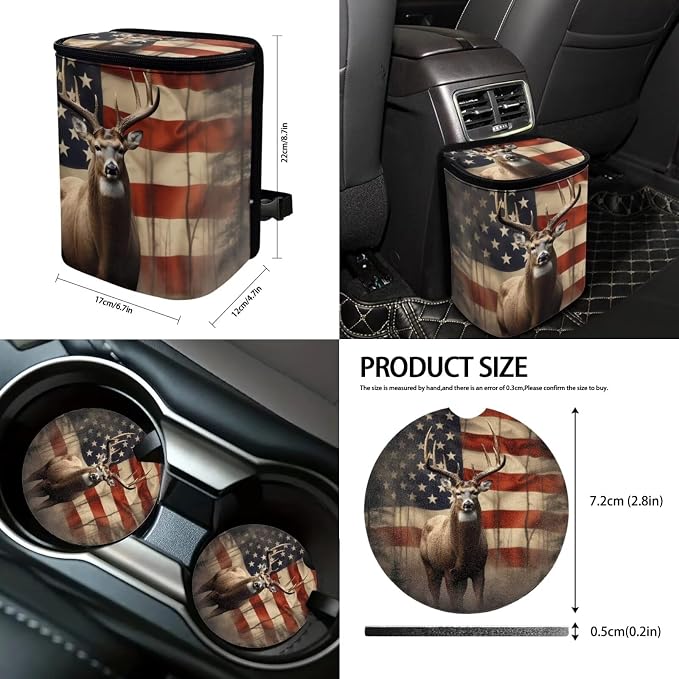 Suobstales Deer American Flag Print Car Accessories Car Seats Cover Protector, Steering Wheel Covers, Seatbelt Cover, Car Trash Can, Cup Coasters, Rearview Mirror Cover, Keychains, Pack of 13