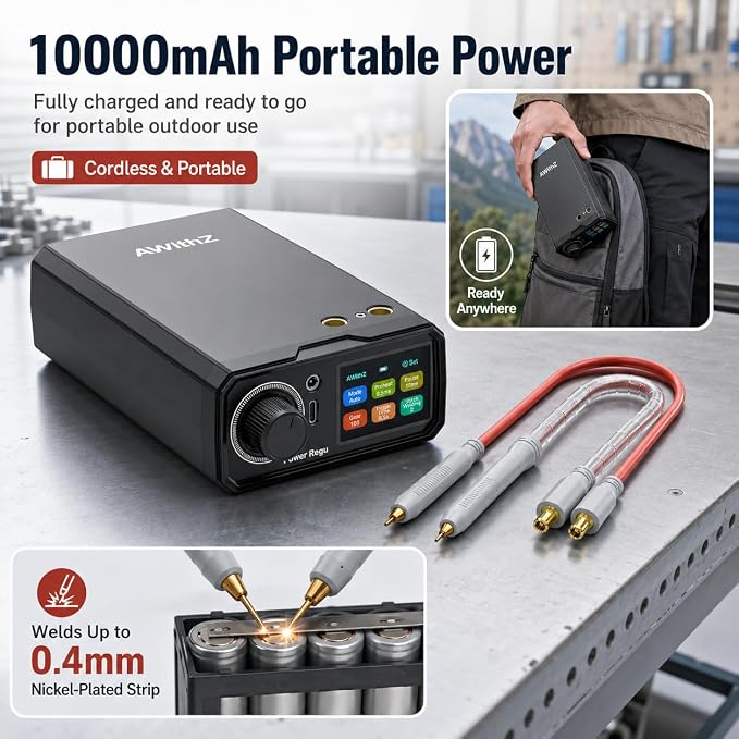 10000mAh Battery Spot Welder, Rotary Knob Operation 100 Gears Adjustable Foot Pedal Operated, 0.1-0.4mm Spot Welder with Dual Pulse Output, Portable Spot Welder for Making DIY Battery Packs | 10000mAh