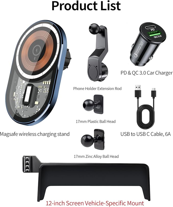 Wireless Charging Car Phone Holder for Volkswagen ID.4 2021-2024, 12" Screen Fixed Clip, 360° Rotation Car Phone Mount Compatible with MagSafe