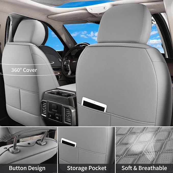 Huidasource Ford Gray Seat Covers, Car Seat Cushion Cover Fit for 2015-2026 Ford F150 SuperCrew & 2017-2026 F250 F350 F450 Super Duty Crew Cab XL XLT Lariat King Ranch Platinum (Full Set/Gray)