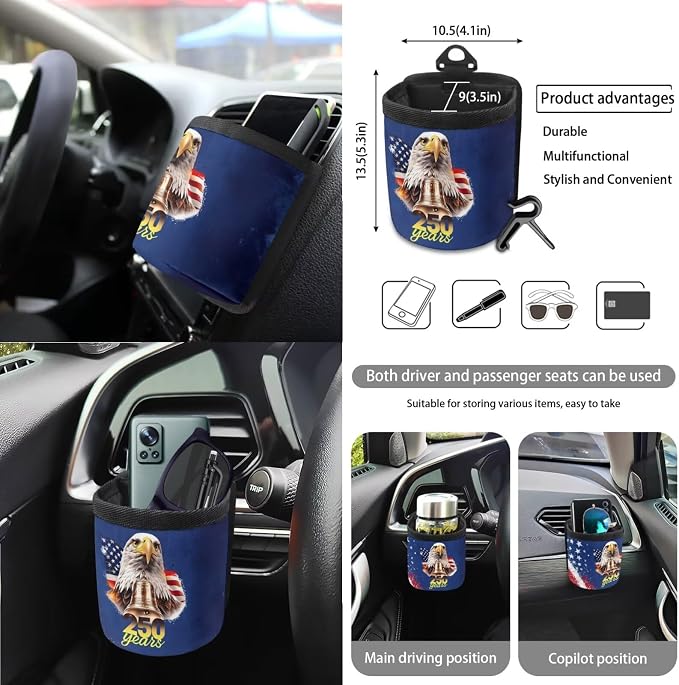 Wanyint 15 PCS Car Seat Covers Set, with Steering Wheel Rear View Mirror Seat Belt Cover Trash Bin Sunglass Pocket Coasters Key Chain US 250th Anniversary Car Accessories, American Flag Eagle Splash