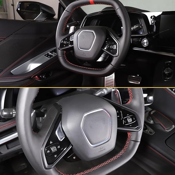 Steering Wheel Button Cover Compatible with Chevrolet Corvette C8 2020-2023, Steering Wheel Frame Trim, Car Steering Wheel Panel Protection Frame Molding Sticker (ABS-Matte Black)