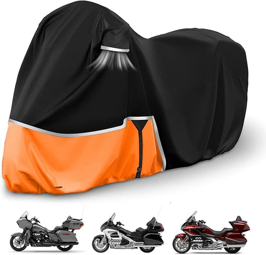 420D Motorcycle Cover with Road Glide Ultra CVO Pursuit Limited Wing Voyager - Heavy Duty Waterproof for Touring Protection Side & Top Box Cover fit up to 110", Indoor & Outdoor Storage