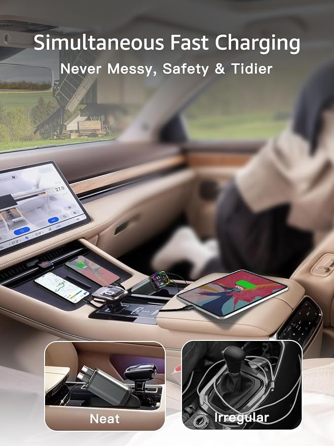 Retractable Car Charger USB C,145W Type C Car Charger Fast Charging with Dual Retractable USB C Cable and USB Ports for iPhone 17/16/15,S25/24/23/22, Pixel 9/8/7(Build-in Dual Type C Cable)