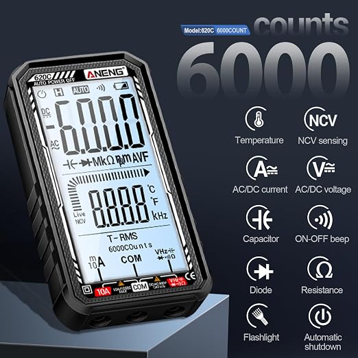 Digital Multimeter Tester, Smart Digital Multimeter 6000 Counts with Auto Ranging Digital Voltmeter Measures Voltage Current Resistance Continuity for Electricians,DIY (620C Black)