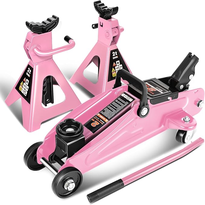 DNA Motoring 2 Ton Car Jack and Stands Kit 2T(4000 lbs) Capacity Low Profile Hydraulic Trolley Service/Floor Jack with 2 Ratchet Stands Combo for Home Garage Shop, Pink, TOOLS-00476-PK