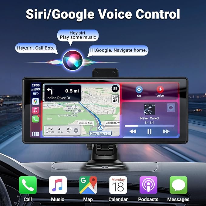 Wireless Carplay Screen for Car 10.26" Portable Touchscreen Car Stereo for Apple Carplay & Android Auto with 4K 360 Rotation Dash Cam & 1080P Backup Camera, Mirror Link, Siri, GPS Navigation, FM