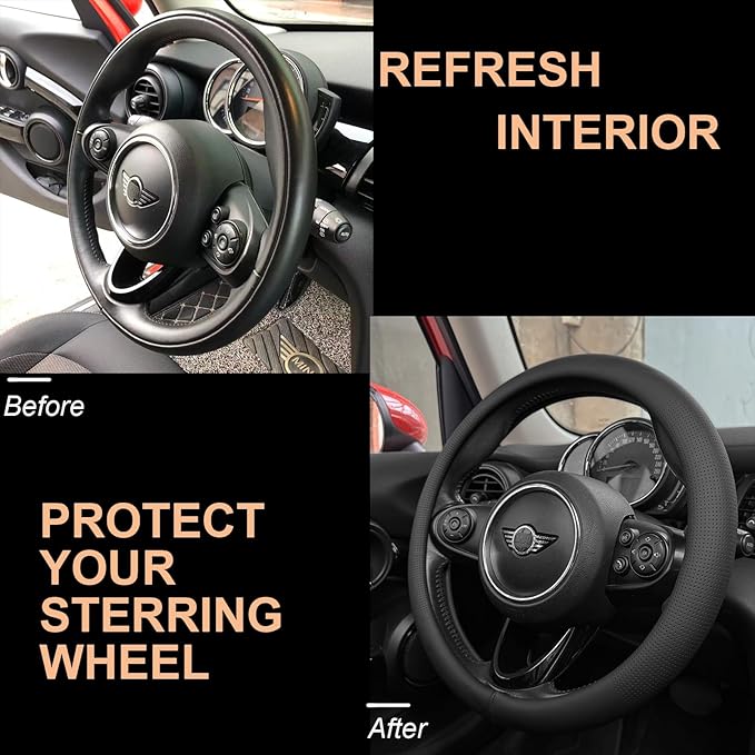 PINCTROT Nappa Leather Steering Wheel Cover, Slim Fit No Bulk Design, One Piece Leather with Breathable Perforation, Fit Like Gloves, Universal 14.5-15 Inch(Nappa Black)