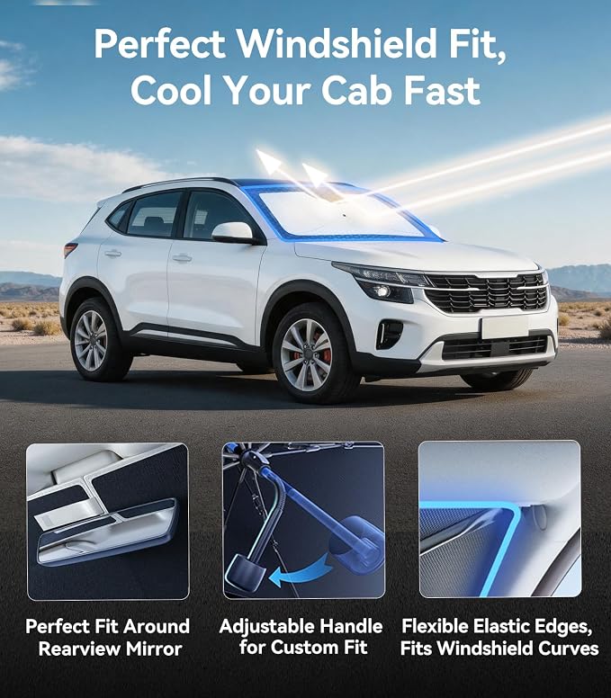 Nmoiss [Vinyl Coating Heat Shield] Windshield Sun Shade Umbrella Custom for Kia Seltos, Protect Car from Sun Rays & Heat Damage Keep Cool and Protect Interior