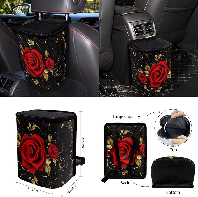 Red Rose Car Seat Covers Full Set for Women Cute Car Accessories Seat Cover with Wheel Cover Seatbelt Covers Car Coasters Trash Bag Rearview Mirror Cover Keychain