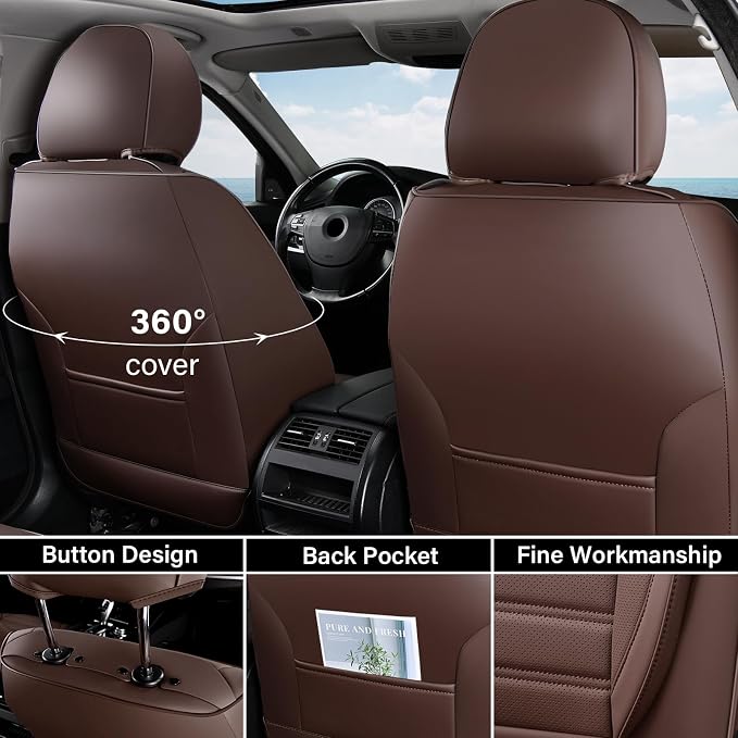 Coverado Seat Covers, Car Seat Covers Front Seats, Automotive Seat Covers, Waterproof Nappa Leather Car Seat Cover, Car Seat Cushion, Brown Seat Covers Carseat Cover Universal Fit for Most Cars