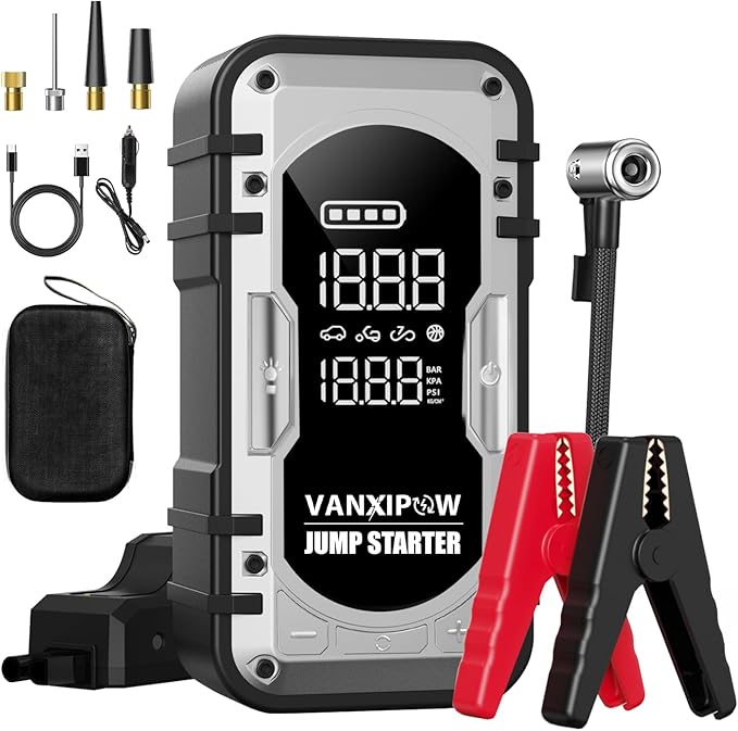 8000A Portable Car Battery Jump Starter with Air Compressor, 150PSI (9.0 L Gas/8.0L Diesel), 12V Jump Box Car Battery with 600 Lm LED Light, with Large LED Display, Power Bank