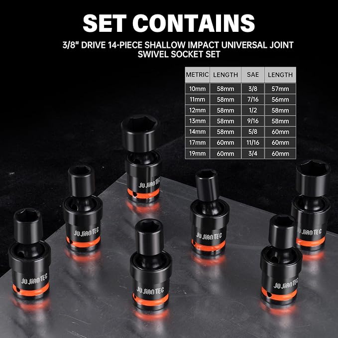 14-Piece 3/8" Drive Shallow Impact Universal Joint Swivel Socket Set, Metric(10-19mm) & SAE(3/8-3/4), Flexible Wobble, CR-MO Steel, with Heavy-Duty Storage Case