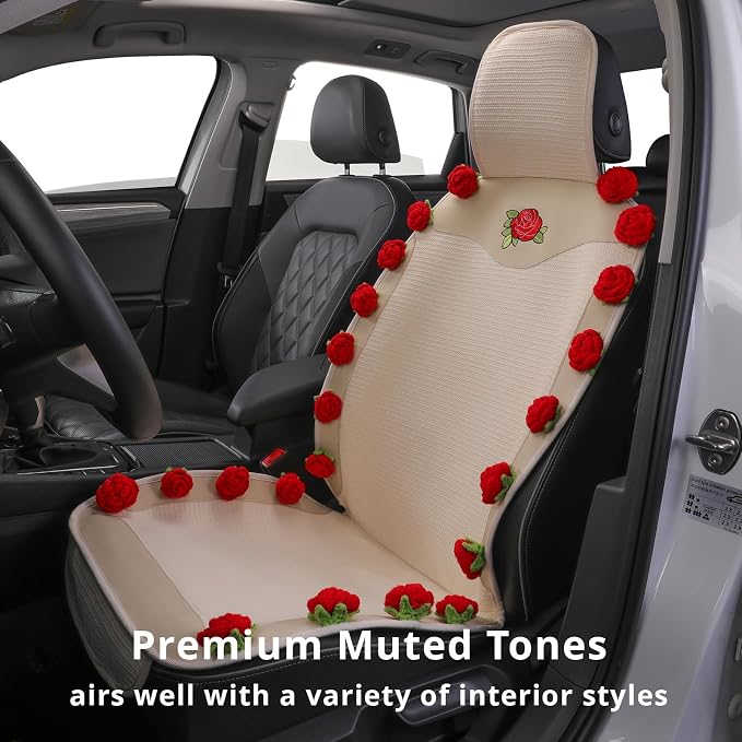 Car Seat Covers,Handmade 3D Rose Design Floral Car Seat Protector,Beige&Red Elegant Seat Cushion,Luxury Universal Front Seat Covers for Women for Cars,SUVs&Trucks (1-Piece)