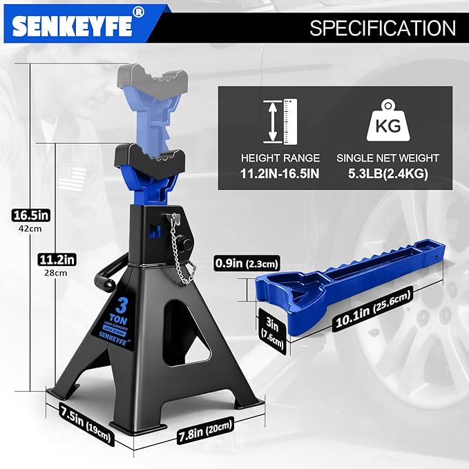 3 Ton (6,600 LBs) Jack Stands with Double Pin Locking,Rubber Cover and Large Foot Base,11"-17" Adjustable Height,Heavy Duty Car Jack Stands,Lifting SUV,MPV,Pickup Truck,ATV/UTV,1 Pair,Blue