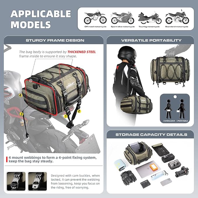 Rhinowalk Motorcycle Saddle Bag Motorbike Tail Bag Waterproof Expandable Pannier Bag Powersports Travel Luggage (Army Green，26L)