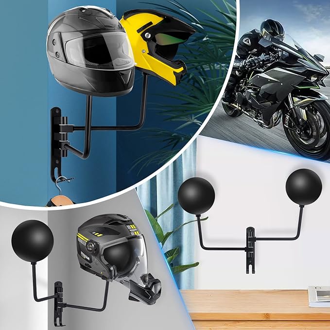 Kikerike Motorcycle Helmet Rack Wall Mount 180 Degree Rotation Metal Bike Helmet Holder Mount Bicycle Helmet Display Hanger Stand with 2 Hooks for Motorcycle Bike Baseball Rugby Helmet - Black, 1 Pcs