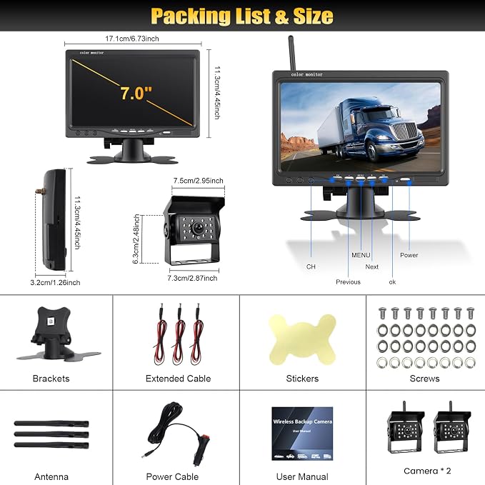 7 Inch Wireless Backup Camera System, Dual Channel 1080P HD Digital Signal, IP68 Waterproof Rear View Camera with BSD, Plug and Play, 12-36V Wide Voltage for Truck SUV RV Trailer Pickup Bus
