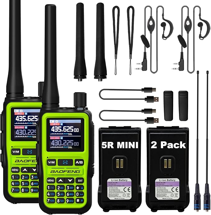BAOFENG UV-5R Mini Two Way Radio BF-5R Mini Walkie Talkie Wireless Power Adjustable Tiny Size Frequency Copy 999 Channels Type-C Four Colors Portable Ham with 771 Antenna and Headset（2 Pack） (Green)