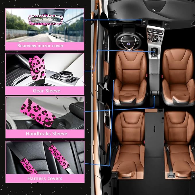 24 Pcs Leopard Print Car Accessories,Including License Plate Frame,Rearview Mirror Decoration,Etc,Suitable for Sedan,SUV and Other,Cute Car Interior Set for Women (Pink)