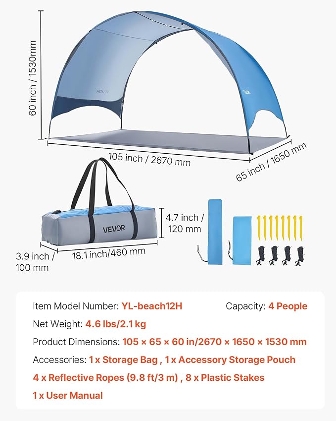VEVOR Beach Tent Sun Shelter for 4 Person, UPF 50+, Portable Sun Shade Beach with Carrying Bag & Ground Stakes, Lightweight and Easy Setup Beach Umbrella for Camping Fishing Outdoor Picnic