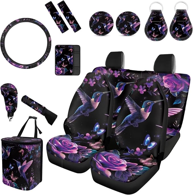 Forchrinse Hummingbird Rose Car Seat Covers Full Set 15 Pack Car Accessories Set with Steering Wheel Covers Armrest Seat Belt Covers Gear Handbrake Cover for Women