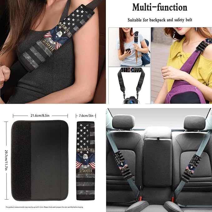 AFPANQZ Car Seat Covers Full Set Seat Belt Shoulder Pads Cup Holder Steering Wheel Cover, Black American 250 Years Gear Shift Knob Cover Handbrake Protector Full Set of 11