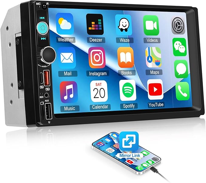 CAMECHO 7 Inch Double Din Car Stereo Touch Screen Bluetooth Car Radio Support Mirror Link FM Radio USB/Type-C/AUX/SD Input Car Audio Receivers Multimedia MP5 Player 2 Din Head Unit