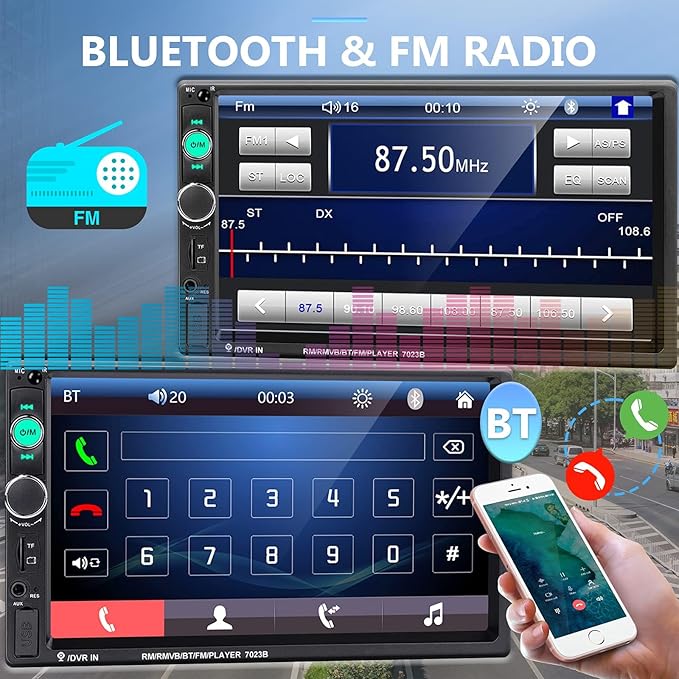 Podofo Car Stereo Double Din Car Radio 7 Inch MP5 Player with HD Touch Screen Digital Display Bluetooth Multimedia Support PhoneLink USB SD Aux-in 2 Din Autoradio with Backup Camera